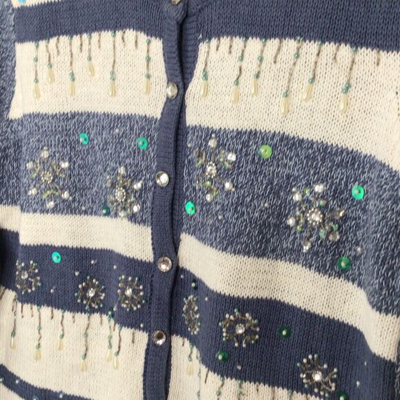 Blue & White SnowFlake Beaded Cardigan Size M - Picture 2 of 9